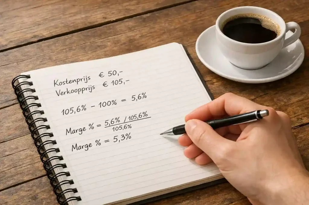 Hand schrijft berekeningen in notitieboek met percentage symbool