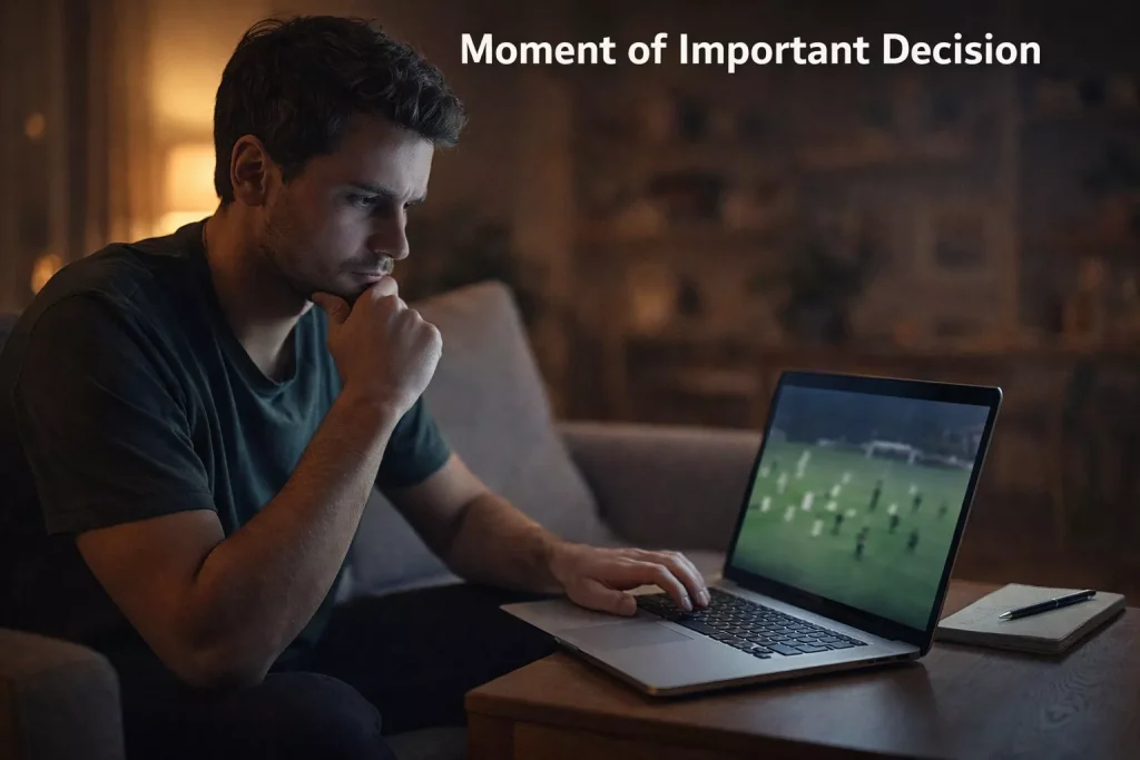 Voetbalsupporter kijkt naar laptop met wedstrijd en overweegt cash out beslissing