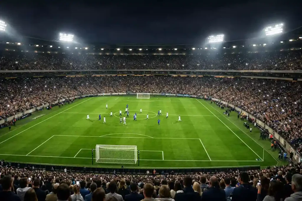 Europese voetbalwedstrijd onder de lichten met Champions League sfeer