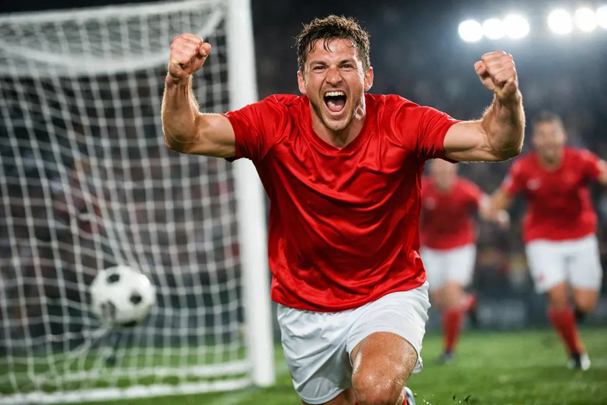 Voetballer scoort doelpunt tijdens live wedstrijd