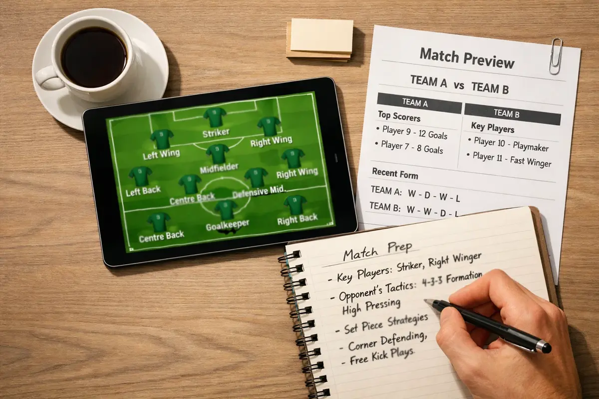 Voetbalfan bereidt zich voor met teamnieuws en notities