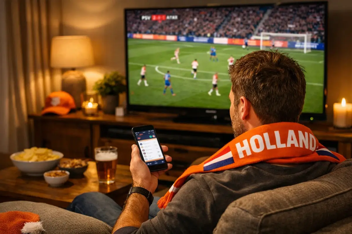 Fan bekijkt Eredivisie wedstrijd op televisie thuis