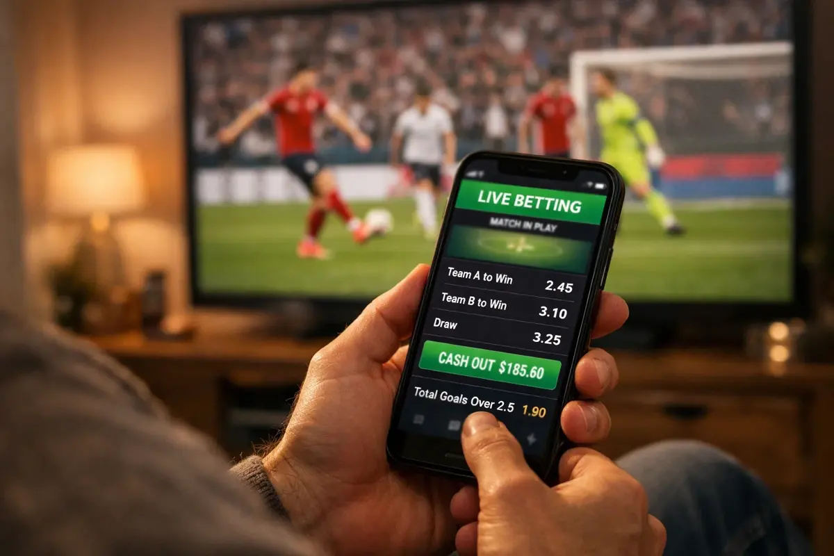 Smartphone toont cash-out waarde tijdens voetbalwedstrijd