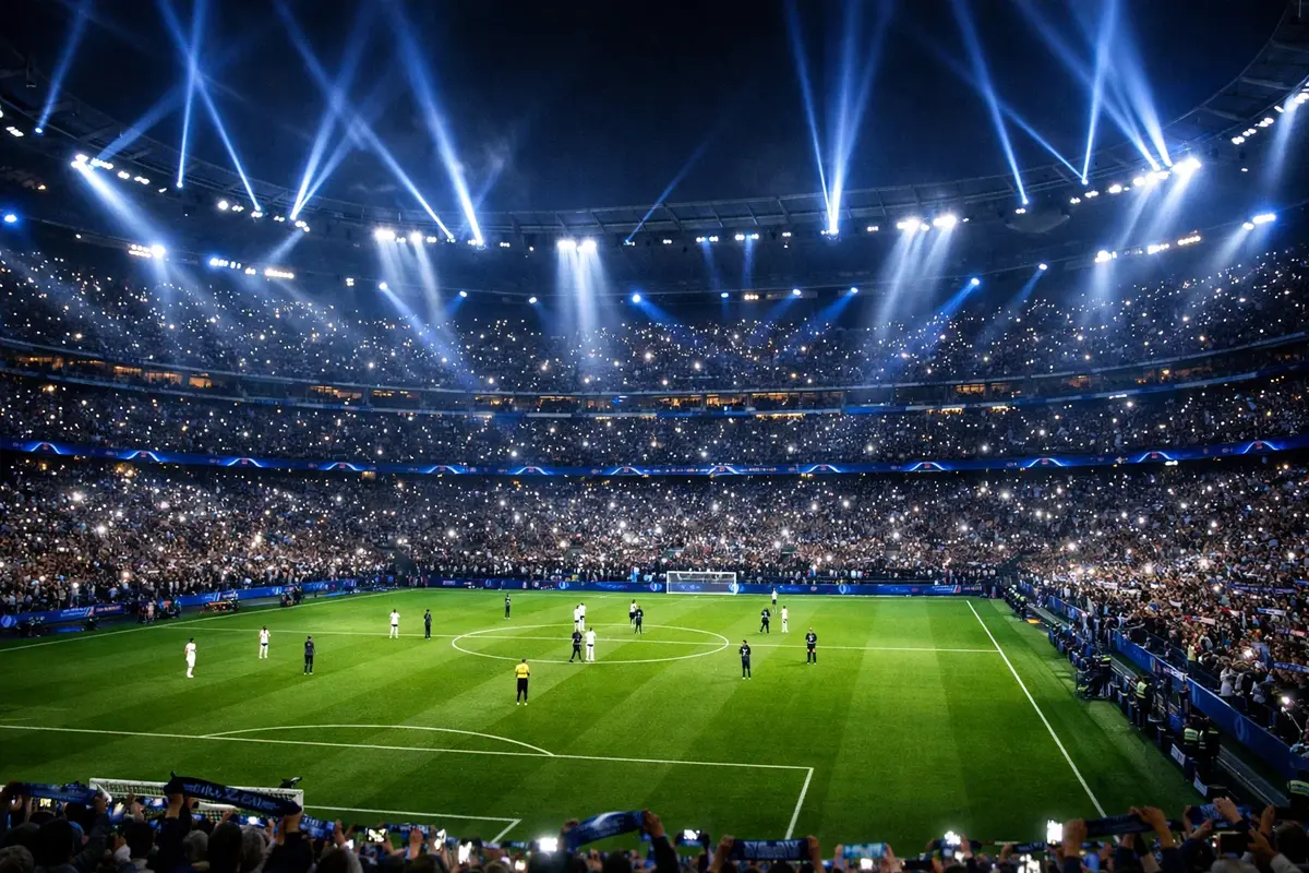 Professioneel voetbalstadion tijdens Europese clubwedstrijd met supporters