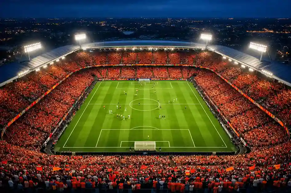 Nederlands voetbalstadion met Eredivisie-wedstrijd onder avondverlichting
