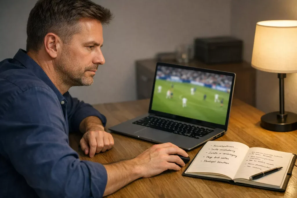 Gefocuste persoon analyseert sportwedstrijd op laptop met notities