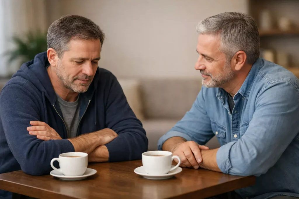 Twee personen in ondersteunend gesprek over welzijn en hulp