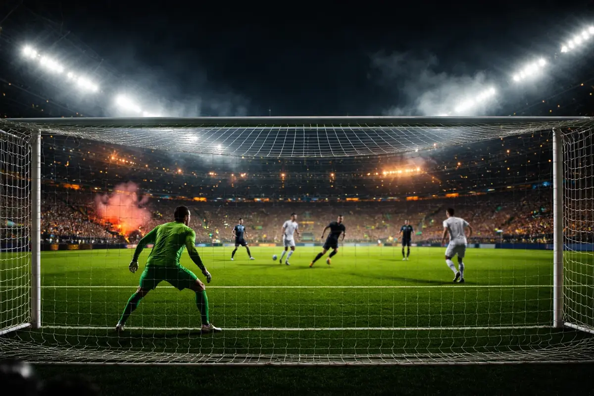 Voetbalstadion tijdens een spannende avondwedstrijd met fel verlicht veld