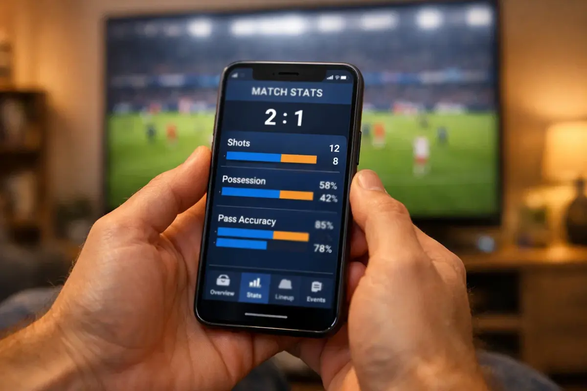 Persoon bekijkt live voetbalwedstrijd op smartphone met wedstatistieken