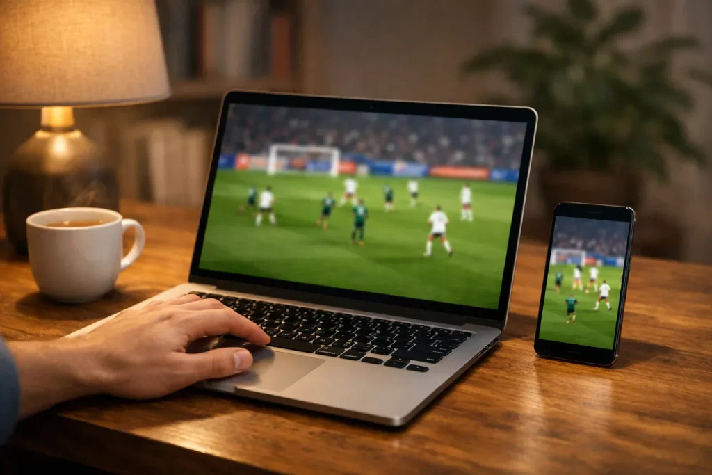 Persoon bekijkt voetbalwedstrijd via live stream op laptop en telefoon