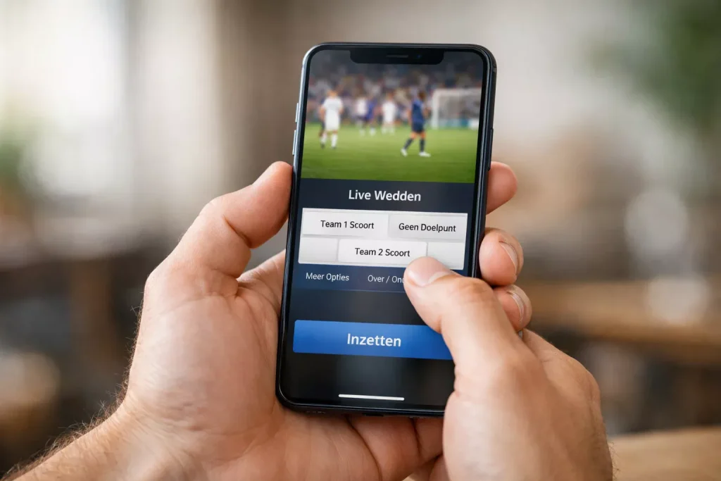 Hand houdt smartphone met voetbalwedstrijd en wedden app op scherm