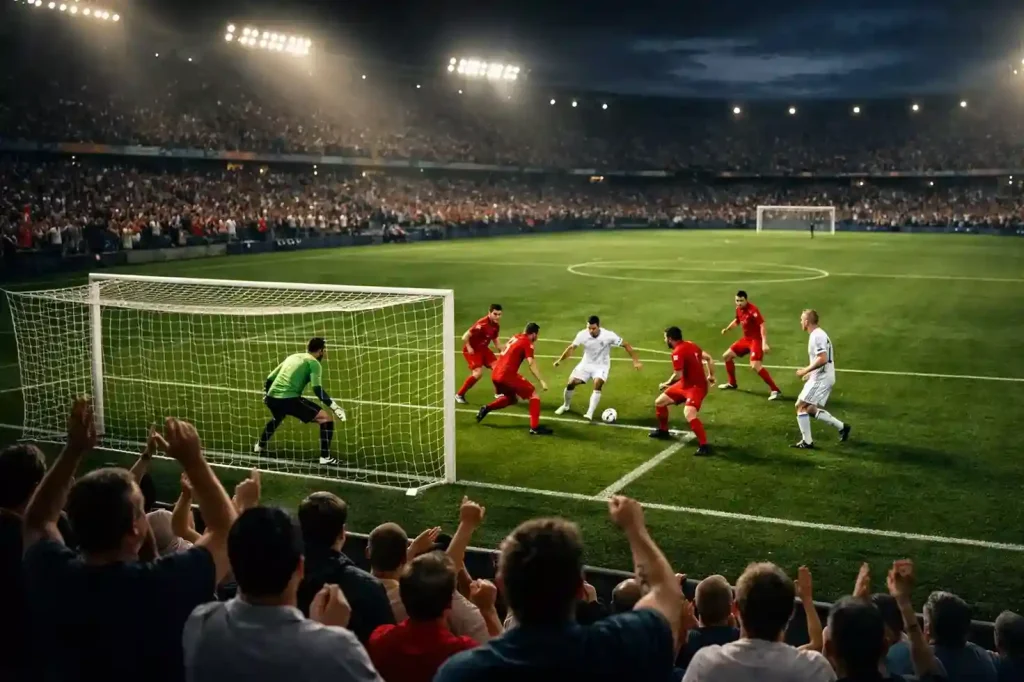 Voetbalstadion met supporters tijdens een spannend moment in de wedstrijd
