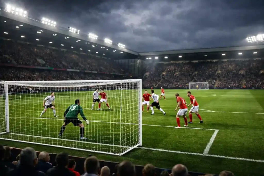 Engels voetbalstadion met Premier League-wedstrijd en volle tribunes