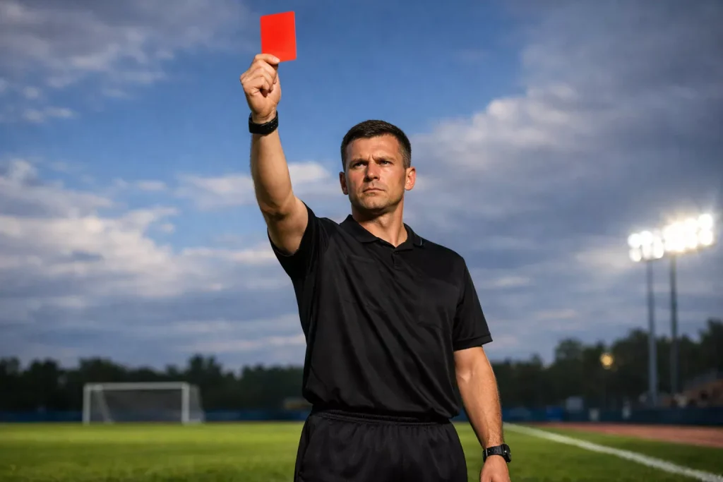 Scheidsrechter toont rode kaart tijdens een voetbalwedstrijd op grasveld