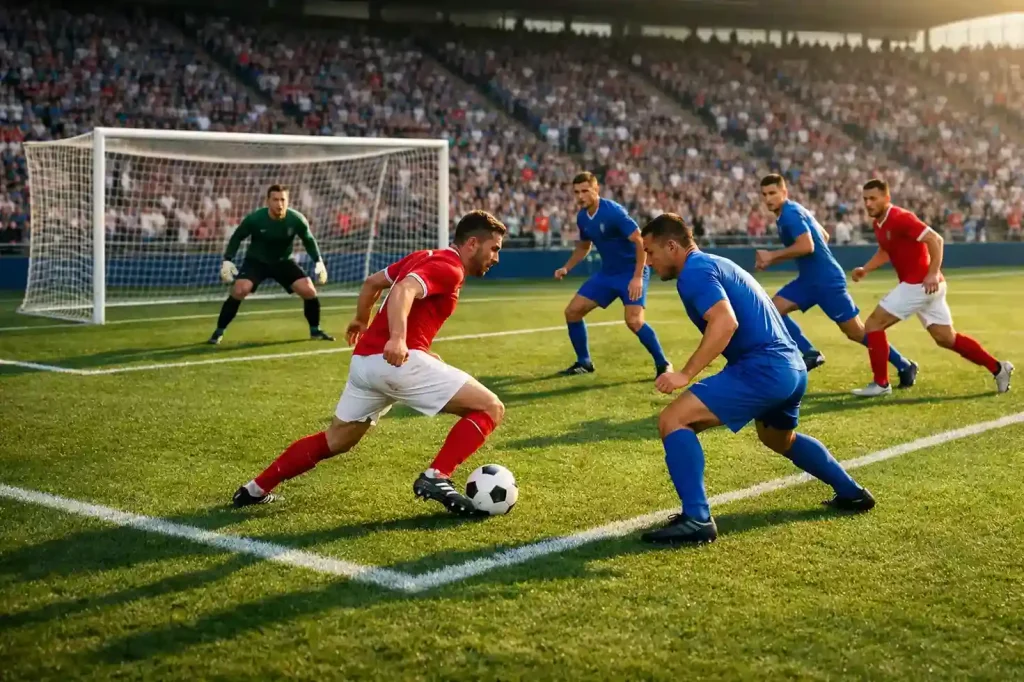 Twee voetbalteams in actie op het veld