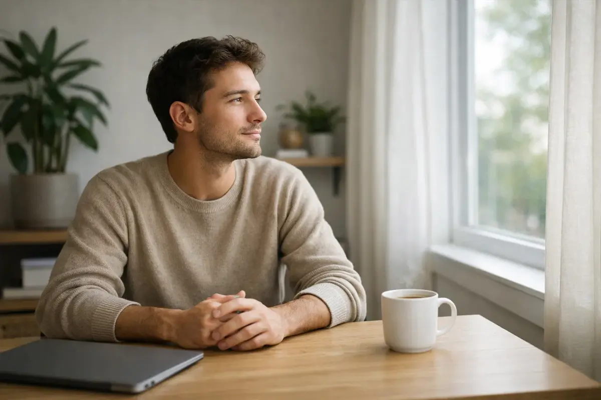 Persoon neemt bewuste pauze tijdens het volgen van sport op laptop