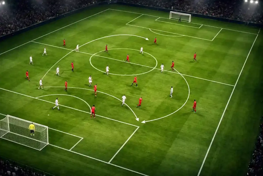 Voetbalveld met overlay van statistische data en spelerposities