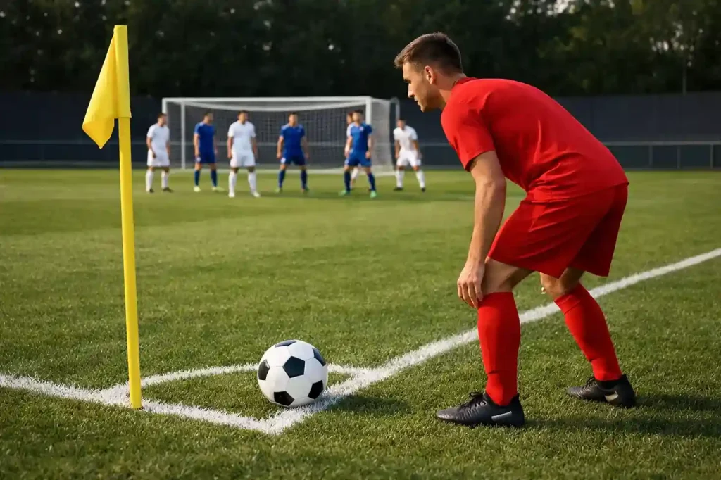Voetballer neemt hoekschop tijdens wedstrijd