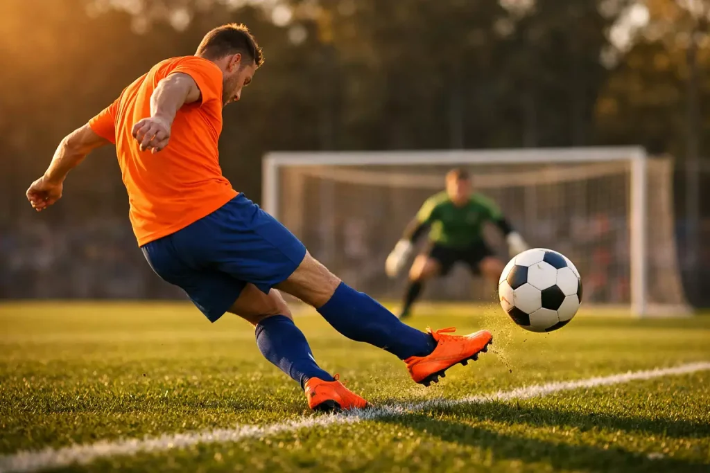 Voetballer schiet op doel tijdens wedstrijd