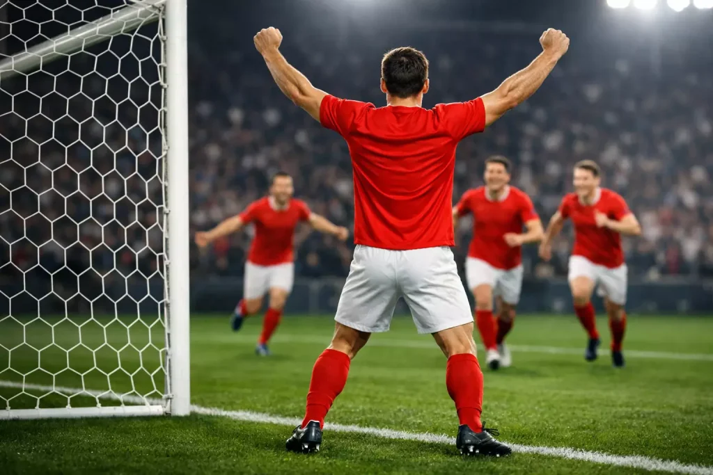 Voetballer viert doelpunt met armen omhoog