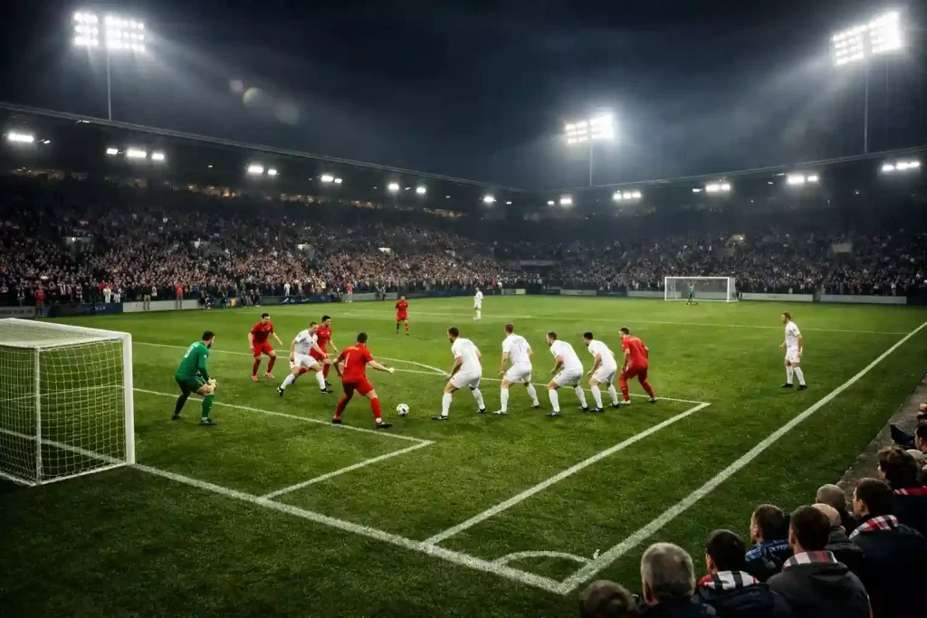 Voetbalstadion tijdens live wedstrijd met verlichte tribunes