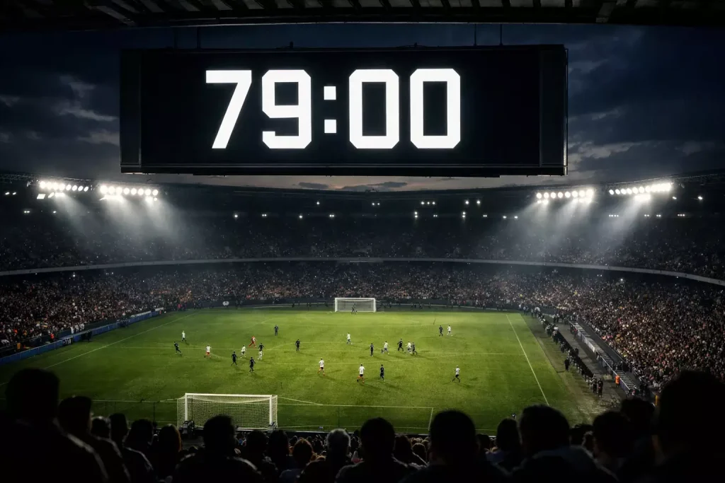 Stadionklok toont slotfase van voetbalwedstrijd
