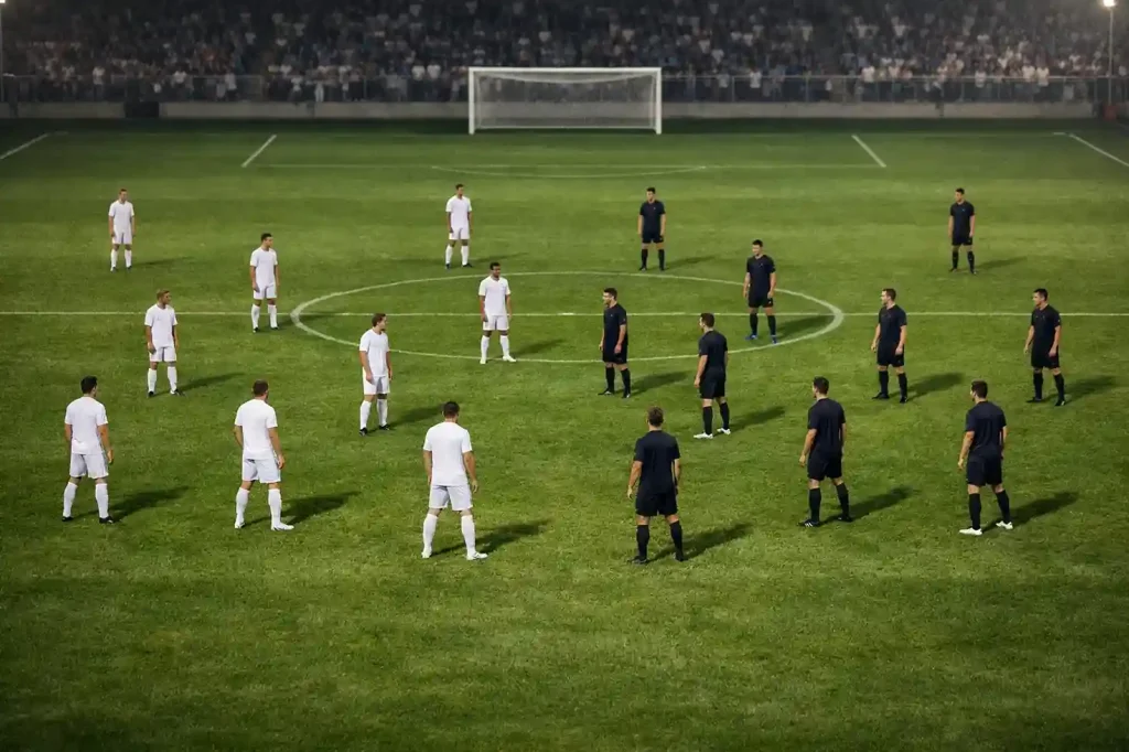 Voetbalwedstrijd met tactisch speloverzicht